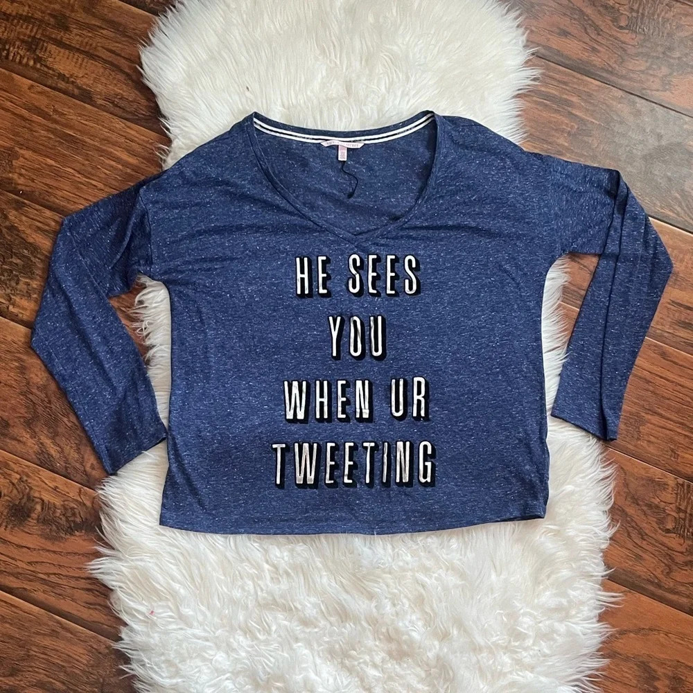 Victoria Secret PINK Blue V Neck LS He Sees You When UR Tweeting Medium